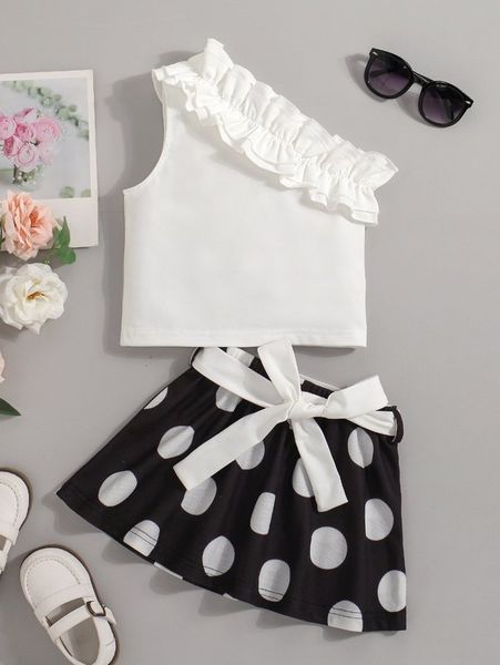 

toddler girls one shoulder ruffle trim & polka dot print belted skirt she, White