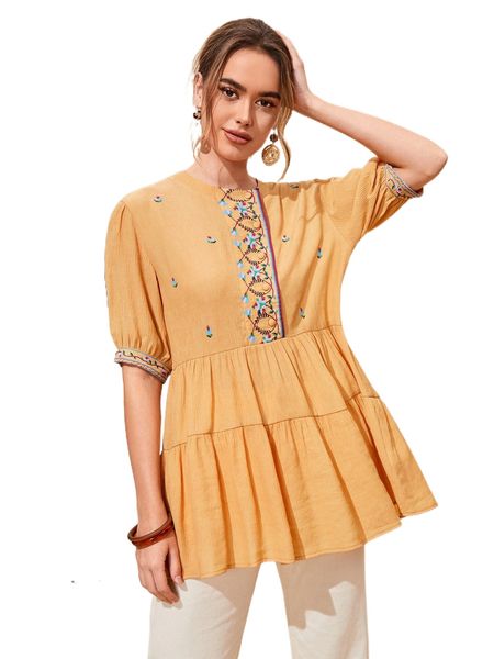 

floral embroidery ruffle hem blouse y7cg#, White