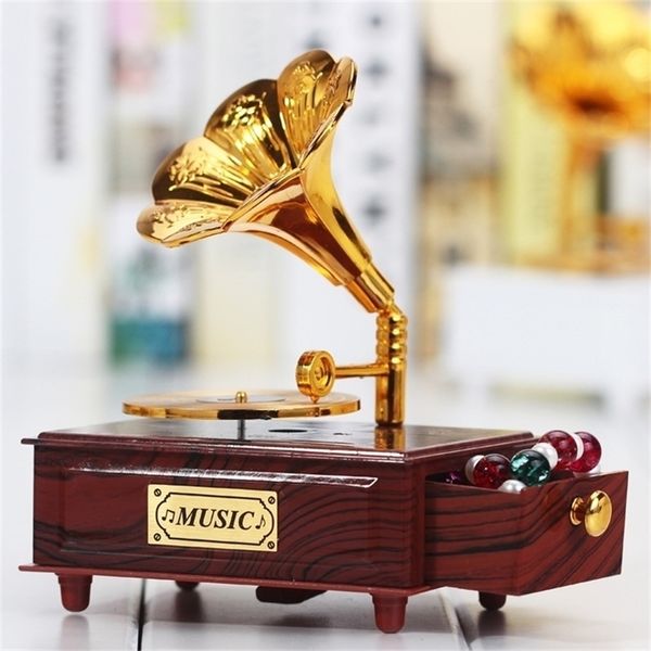 Vintage Gramophone tiroir boîte à musique pour la décoration de la maison cadeau d'anniversaire de mariage figurine boîte à bijoux manivelle carrousel boîte à musique 210319