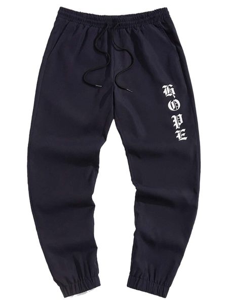 

men letter graphic drawstring waist tapered pants l6mk#, Black