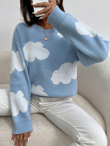 

cloud pattern drop shoulder sweater z7o3#, White;black