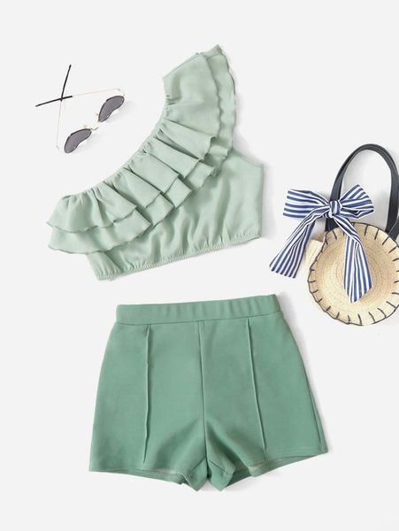

girls one shoulder layered ruffle crop & seam front shorts set she, White