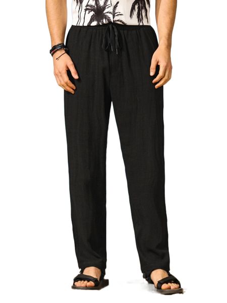

men solid drawstring waist pants h0nt#, Black