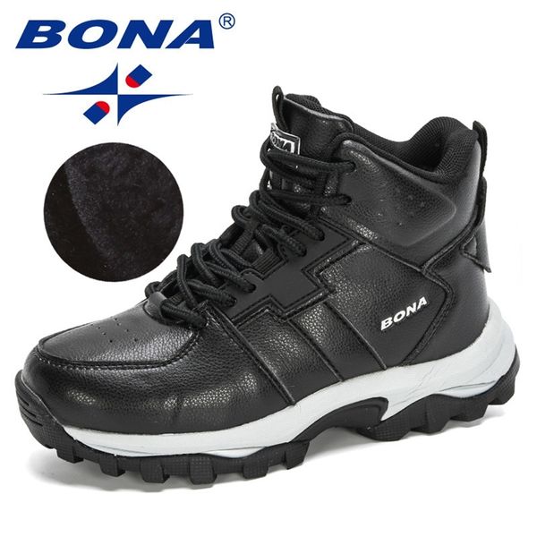 Bona 2020 Novos Designers Crianças Botas de Pelúcia Inverno Handmade Confortável Meninas Botas de Couro Meninos Botas High Top Kids Snow Shoes LJ201201