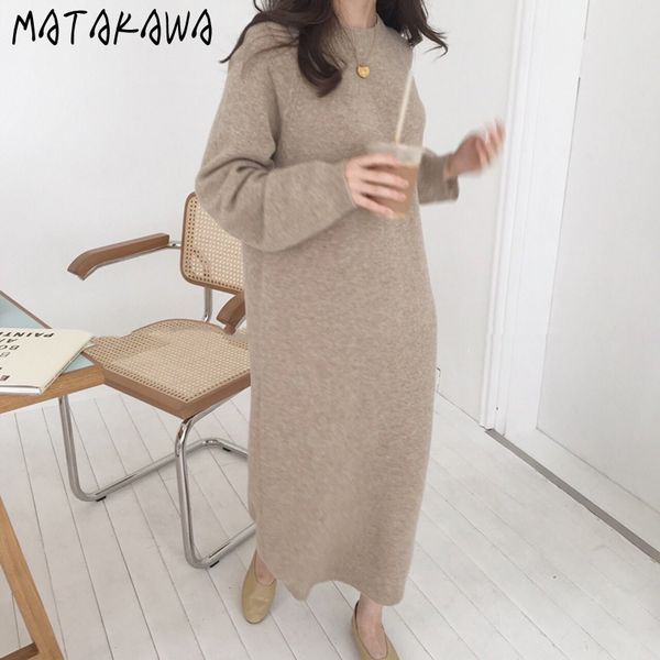 

long knitted sweater dress women korea chic autumn round neck midi pullover loose solid color femme robe 210506, Black;gray