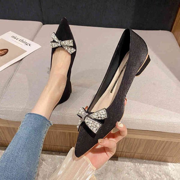 

sandals pointed sgle shoes the autumn of women's rhestone bow shallow mouth thick heel low heels gentle eveng dpe7, Black