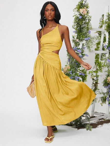 

asymmetrical neck lace up backless cut out ruched dress j839#, Black;gray