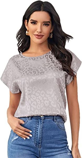 

women's casual cap sleeve leopard print satin silk blouse, White