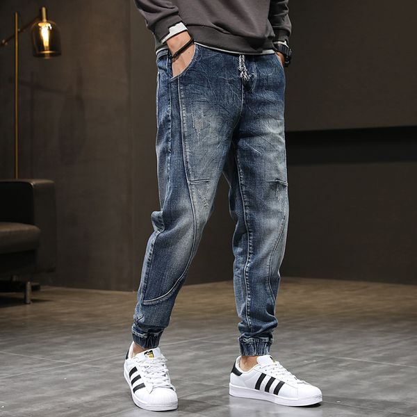 Calças de brim masculinas relaxadas cônicas baggy harem calças streetwear cordão elástico cintura casual joggers calças jeans masculinas azuis cx220401