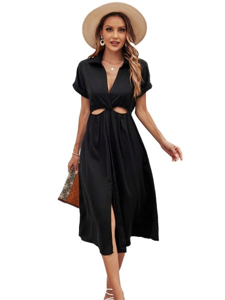

solid cut out split hem dress c2fw#, Black;gray