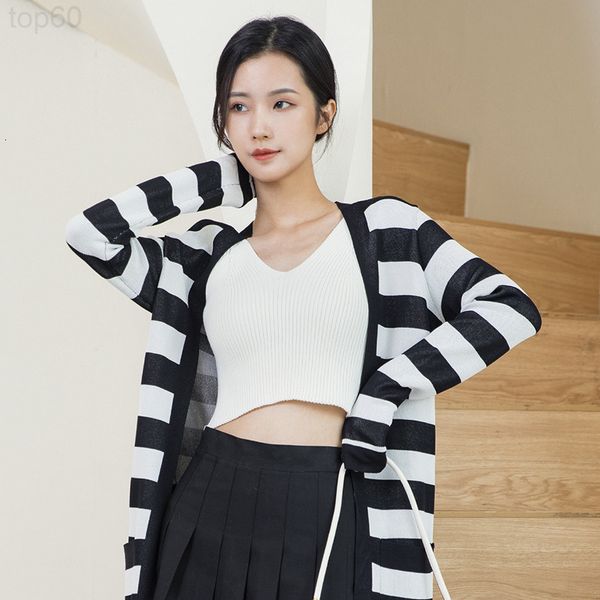 

women's sweaters designer []fashionable and foreign style black white stripe long sweater women's coat 2021 autumn winter new slim, White;black