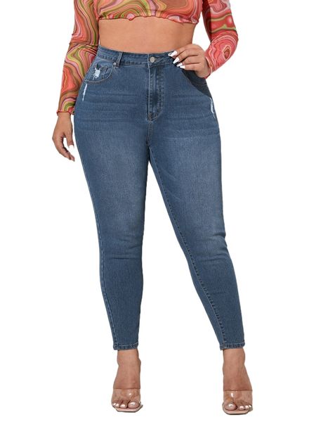 

plus ripped high waist jeans b1oa#, Blue