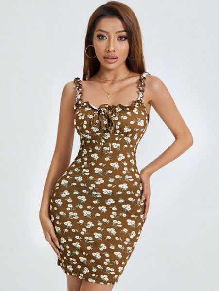 

petite floral print frill trim knot front cami dress k83g#, Black;gray