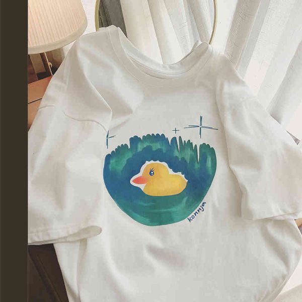 

women's t-shirt 2022 vitality little yellow duck oil painting printing round neck t-shirt for women 2022 summer loose casual 4cmj, White