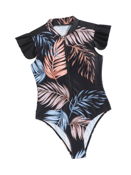 

plant print zip front ruffle trim one piece swimsuit i2it#, White;black