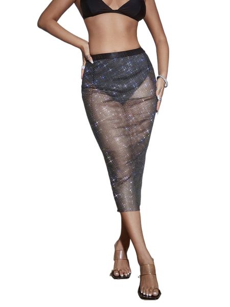 

sxy rhinestone see through skirt without panty m5sh#, Black