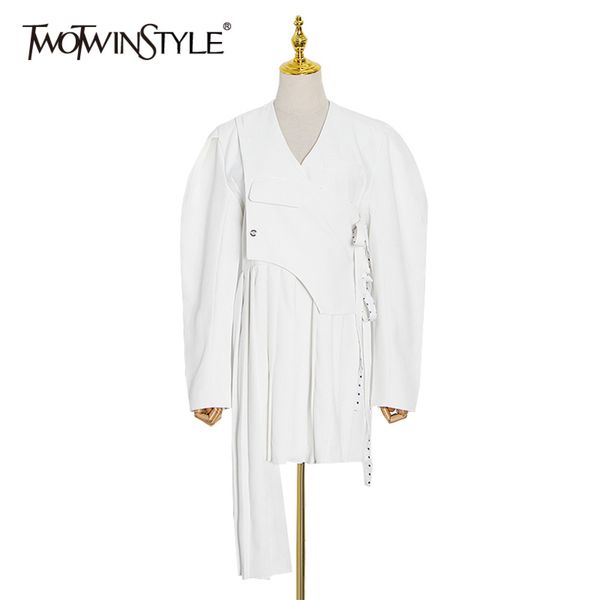 

white patchwork chain dress for women v neck puff long sleeve high waist irregular hem dresses female spring 210423, Black;gray