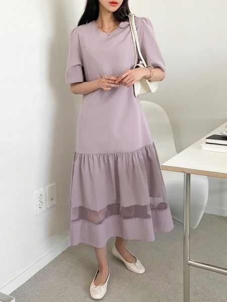 

dazy puff sleeve contrast mesh ruffle hem dress m71c#, Black;gray