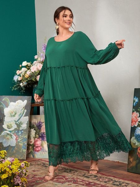 

plus frill trim contrast lace dress f2wm#, Black