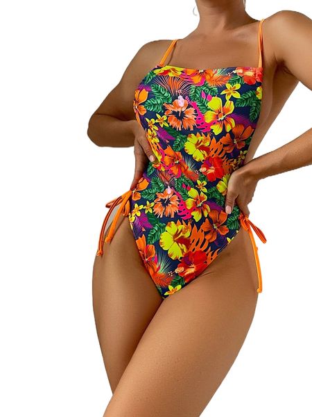 

random tropical print drawstring side one piece swimsuit j2nz#, White;black