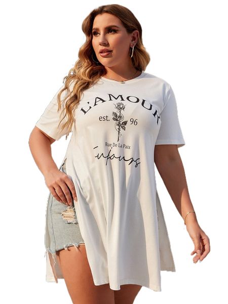 

plus letter graphic split hem longline tee p6fe#, Black