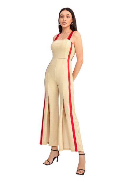 

x emileny gonzalez crisscross back contrast panel slit thigh flare leg jumpsuit j36c#, Black;white
