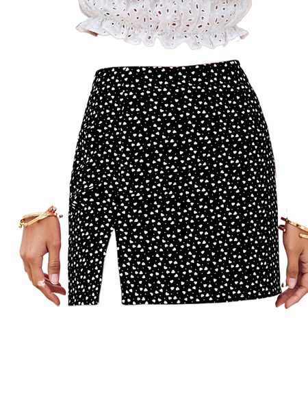 

allover heart print split hem skirt j7me#, Black
