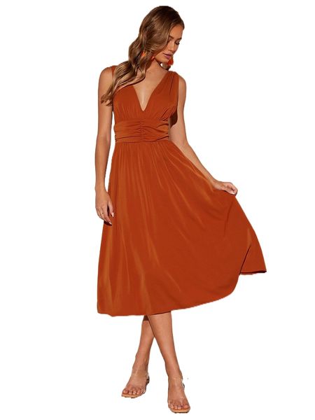 

ruched plunging neck backless dress c2ys#, Black;gray