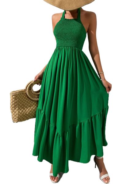 

shirred halter neck backless ruffle hem dress 43bo#, Black;gray