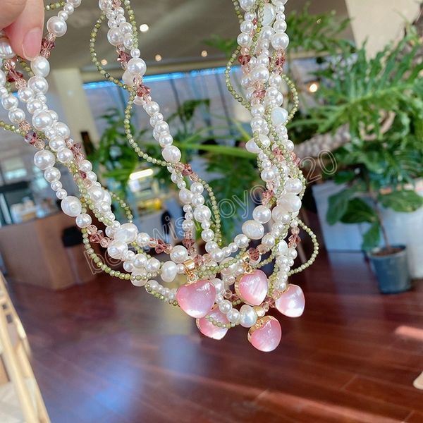 

korean elegant pearl beads twist choker necklaces for women girls fashion pink heart pendant necklace jewelry gifts, Silver