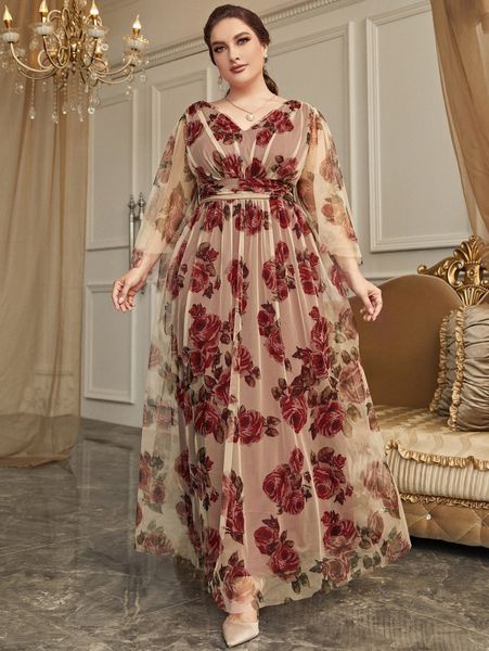 

plus floral print mesh dress j5iu#, Black