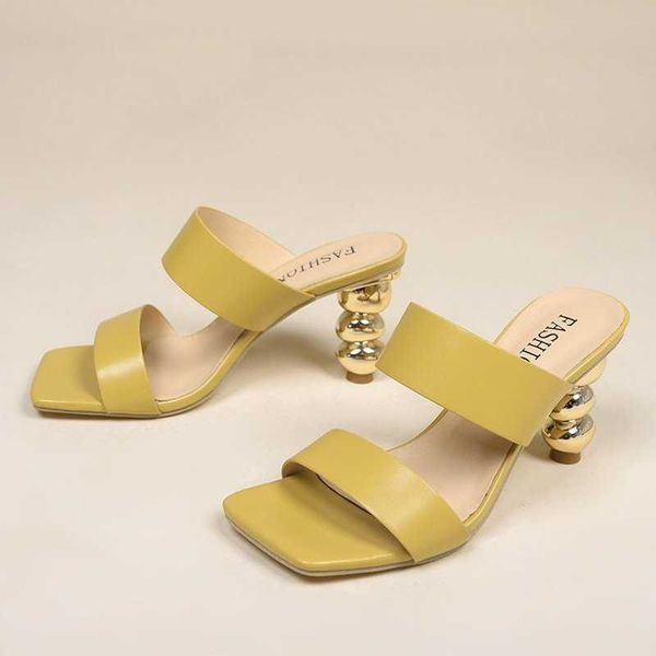 

classic luxury paris new design metal strange high heels summer women slipper elegant square toe slip-on sliders shoes ladies sandals size 4, Black