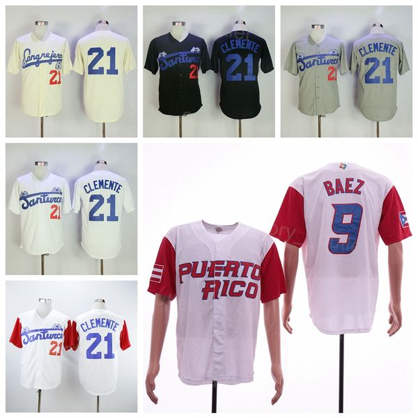 Hombres Moive Béisbol Santurce Crabbers Puerto Rico 21 Roberto Clemente Jersey Hombres 9 Javier Baez Todo el equipo cosido Color Gris Blanco Beige Negro Cooperstown Cool Base