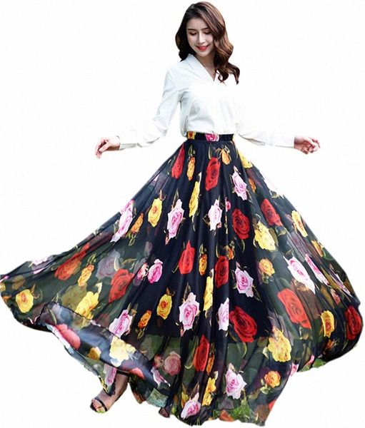 

women's chiffon floral print elasticated waist maxi skirt e8ao#, Black