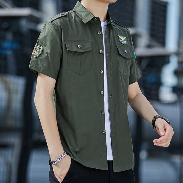 

men's casual shirts summer short-sleeved shirt men's tooling loose large size cotton outdoor epaulette half-sleeve military unifor, White;black