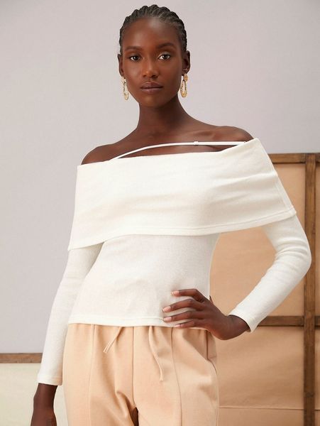 

ribbed knit solid off shoulder 413b#, White