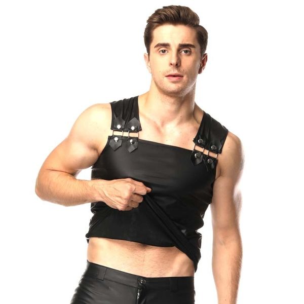 

tank men fashion faux leather solid black men tank slim fitness sleeveless tights nightclub stage ds show 220426, White;black