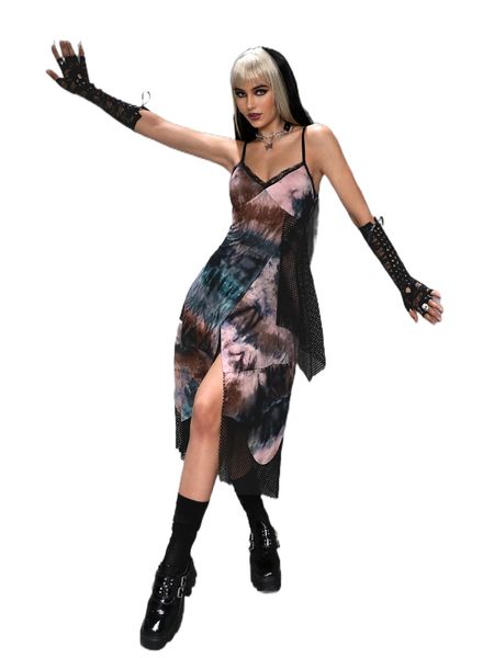 

tie dye contrast fishnet draped side slit thigh cami dress w91c#, Black;gray