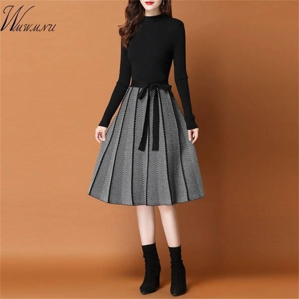 

elegant knitted sweater pleated dress female autumn winter long sleeve women office lady casual midi 220317, Black;gray