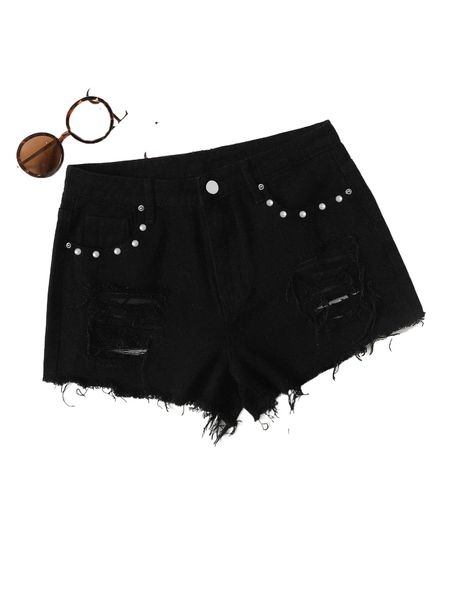

plus ripped raw hem studded denim shorts j6o3#, White;black