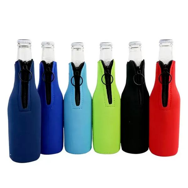 Tampa de garrafa de neoprene isolada saco de manga diy verão koozies isolador 330ml suporte de garrafa de cerveja zíper com abridor de garrafa c0414