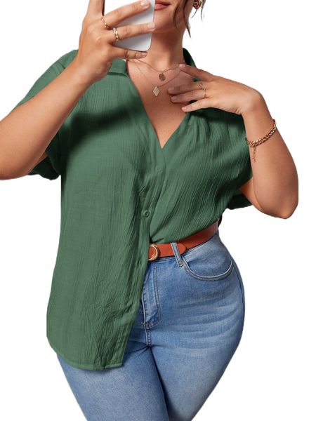 

plus solid button front blouse 79ua#, Black