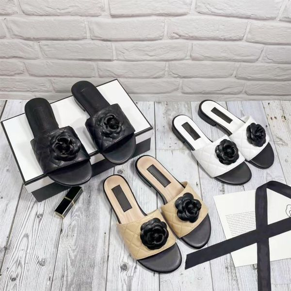 

famous designer women slippers checkred leather exquisite flower buckle classic black white scuffs shoes fashion sprin290a