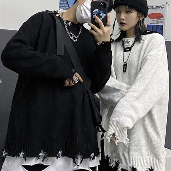 

pfnw torn sweater hip hop dark style streetwear solid hollow out rotten edge oneck pullover autumn casual male 220817, White;black