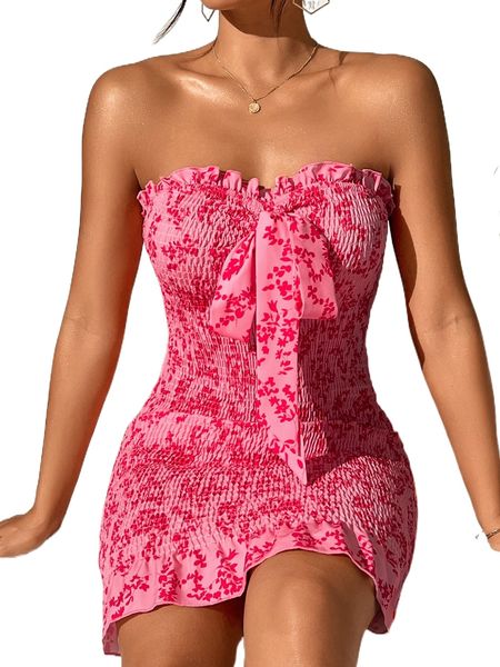 

ditsy floral print knot front shirred frill trim dress u6eq#, Black;gray