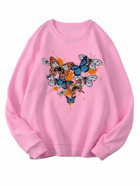 

butterfly print thermal lined sweatshirt x2ch#, Black