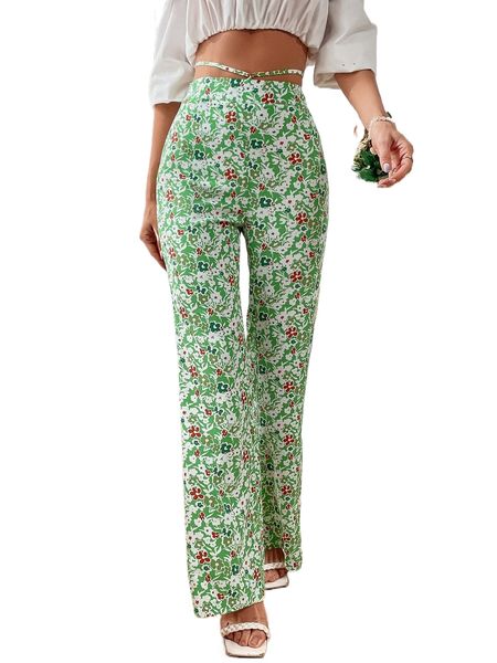 

ditsy floral tie back flare leg pants p6qn#, Black;white