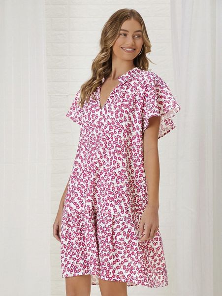 

allover floral print flutter sleeve ruffle hem smock dress y1js#, Black;gray