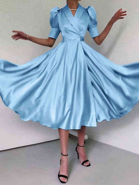 

elegant satin dress women summer evening party midi dresses celmia v-neck puff sleeve bandage sundress casual beach pleated robe y220401, Black;gray