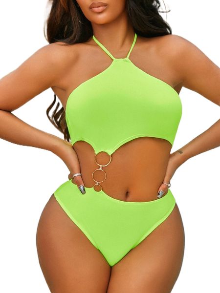 

tie backless cut out o-ring halter bodysuit l4fe#, White